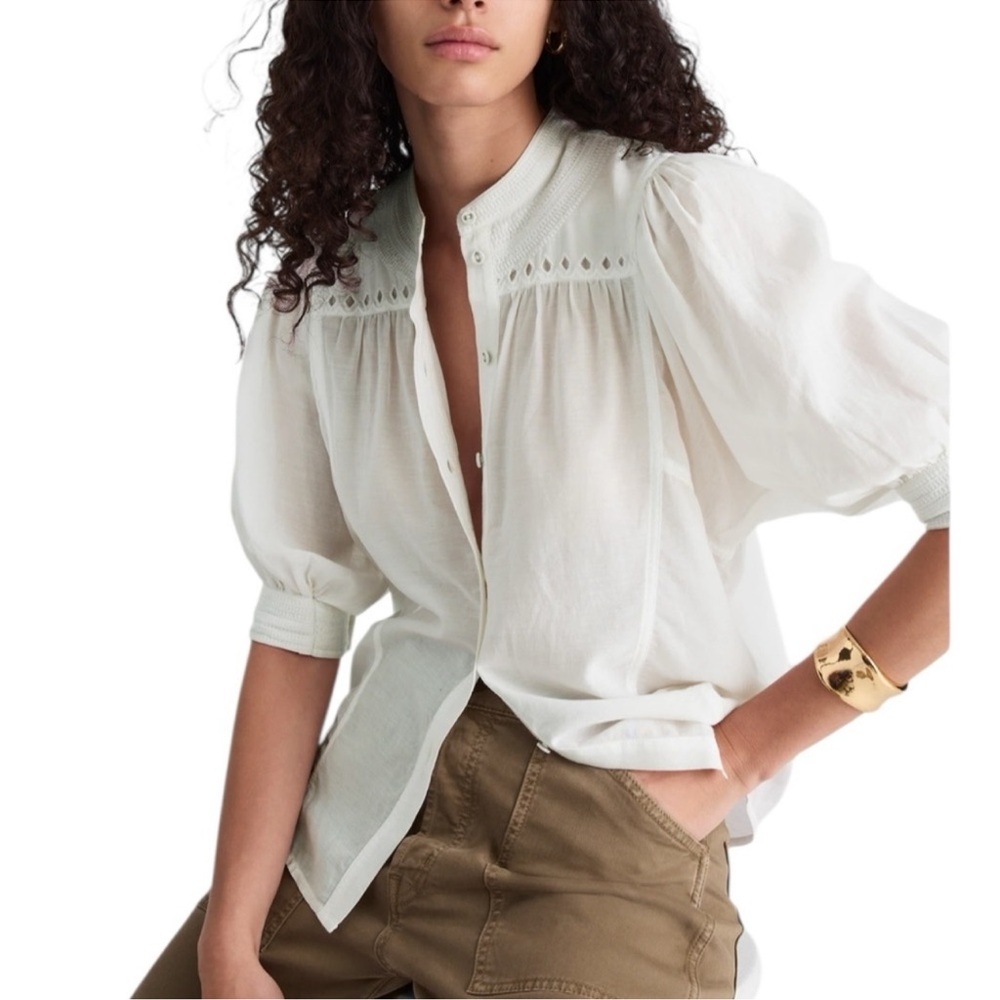 Madewell Puff-Sleeve Band-Collar Shirt in White
